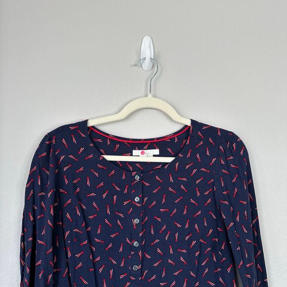 BODEN Kara Shooting Stars Blouse Navy Red Smocked Sleeves Button Front Size 10 - Picture 4 of 8